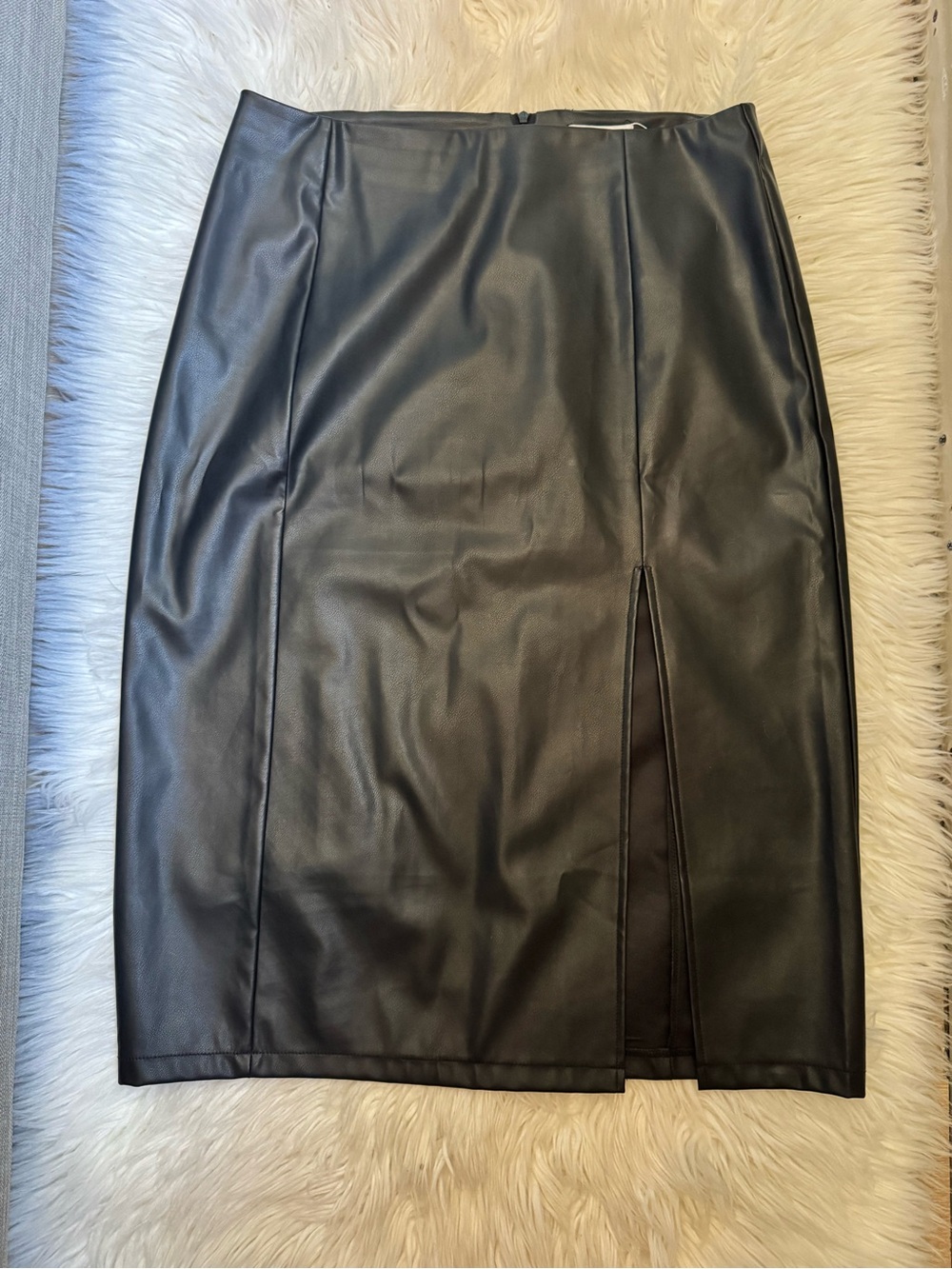 Black Faux Leather Pencil Skirt with Front Slit